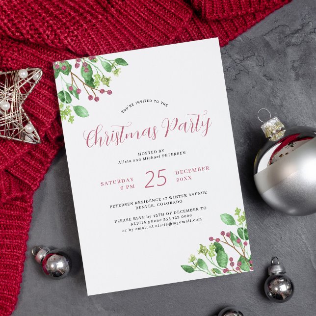 Modern Christmas holly berry greenery party Invitation (Creator Uploaded)