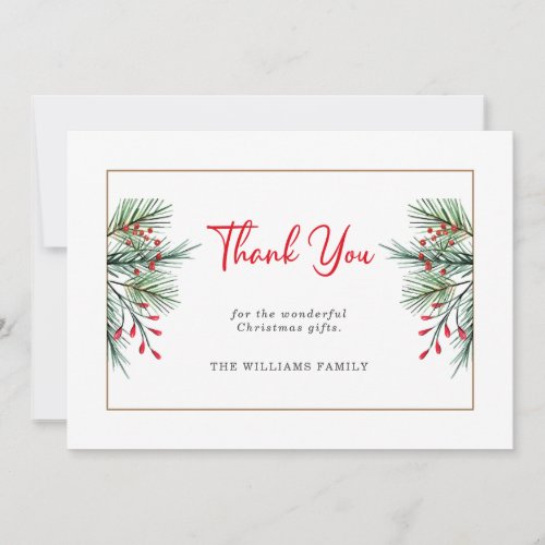 Modern Christmas Holly Berry Leaves Thank You Card