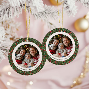 Modern Christmas Holly Foliage 2 Sided Photo Ceramic Ornament