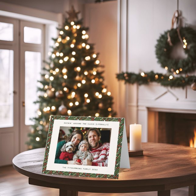 Modern Christmas Holly Leaf Folded Holiday Card (Holly Leaf Christmas folded horizontal card)