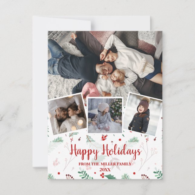 Modern Christmas Holly multi photo collage Holiday Card (Front)