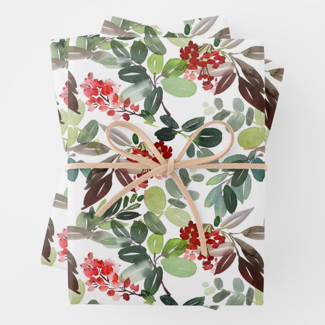 Modern Christmas Holly Pattern Wrapping Paper Sheets (In situ)