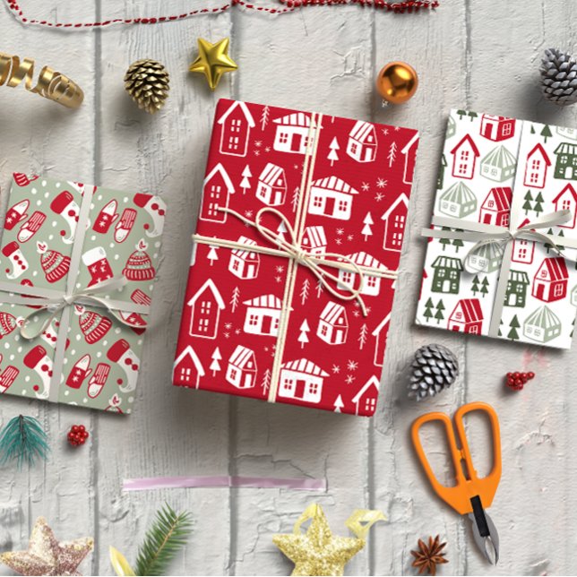 Modern Christmas Houses  Hand-Drawn Red and Sage Wrapping Paper Sheets (Hand Drawn Christmas set of 3 Wrapping Paper Sheet)