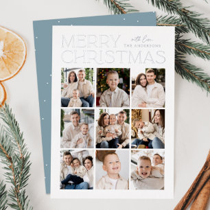 Modern Christmas Icy Blue 9 Photo Collage Foil Holiday Card