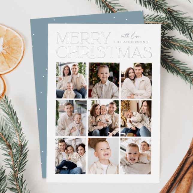 Modern Christmas Icy Blue 9 Photo Collage Foil Holiday Card (Creator Uploaded)