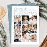 Modern Christmas Icy Blue 9 Photo Collage Holiday Card<br><div class="desc">Modern Christmas photo card featuring "Merry Christmas" displayed at the top of the design in trendy ice blue lettering with a white background. A photo collage of 9 photos is shown below in a grid-style layout. Personalize the multi-photo Christmas card with your family name. The card reverses to display a...</div>