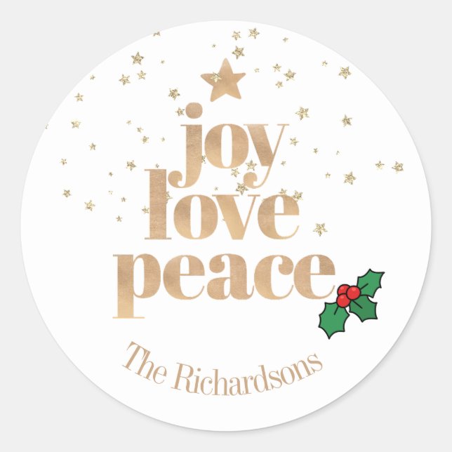 Modern Christmas "Joy, Love, Peace" Gold Classic R Round Sticker (Front)