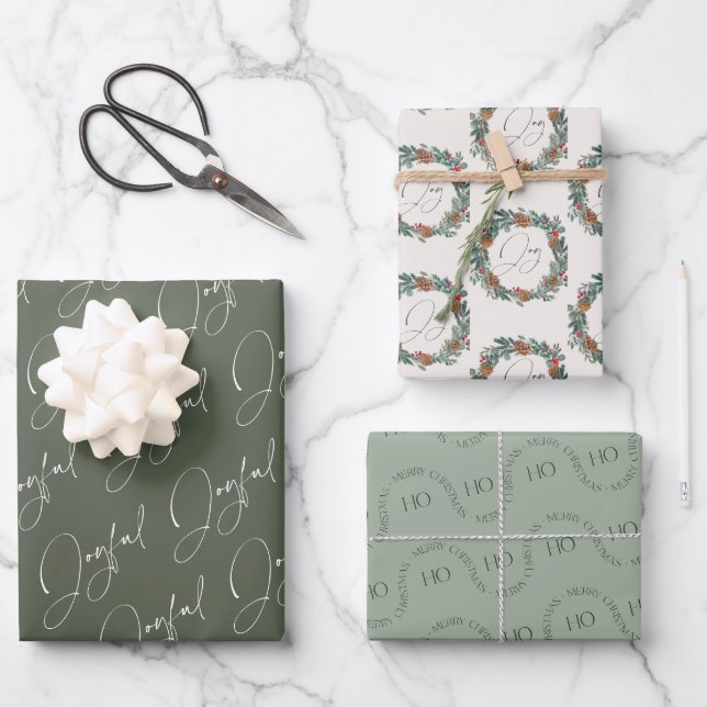 Modern Christmas Joyful Green Wreath Wrapping Paper Sheets (Front)