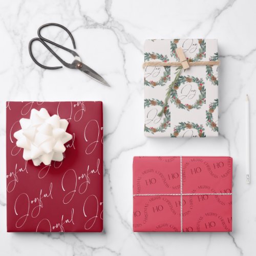 Modern Christmas Joyful Red Wreath Wrapping Paper Sheets