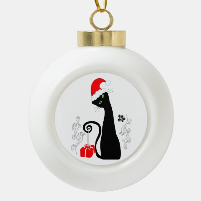 Modern Christmas Kitty Ceramic Ball Christmas Ornament (Front)