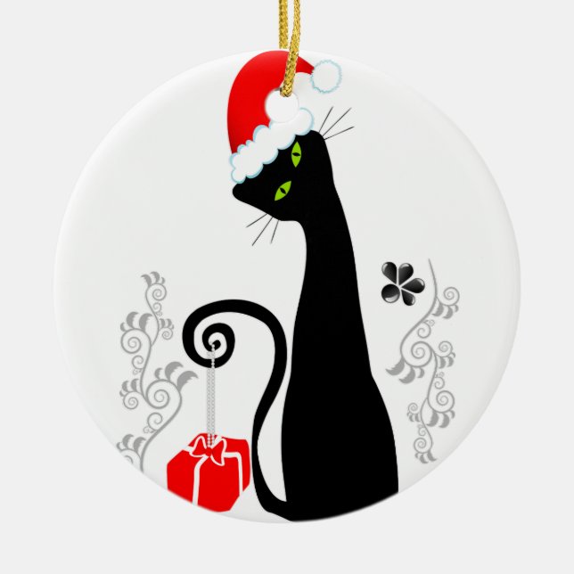 Modern Christmas Kitty Ceramic Ornament (Front)