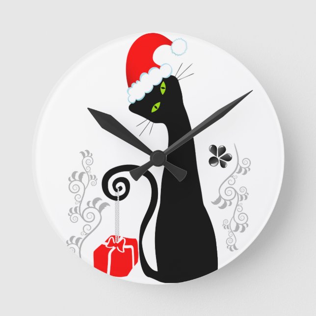 Modern Christmas Kitty Round Clock (Front)