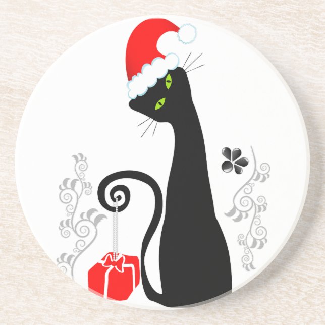 Modern Christmas Kitty Sandstone Coaster (Front)