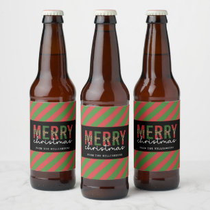 Modern Christmas Leopard Print Red Green Stripes  Beer Bottle Label