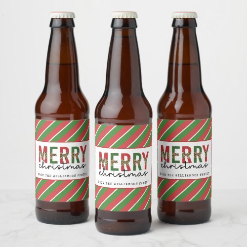 Modern Christmas Leopard Print Red Green Stripes Beer Bottle Label