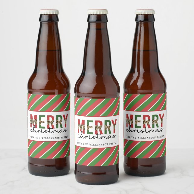 Modern Christmas Leopard Print Red Green Stripes Beer Bottle Label (Bottles)