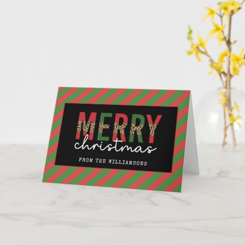 Modern Christmas Leopard Print Red Green Stripes Card