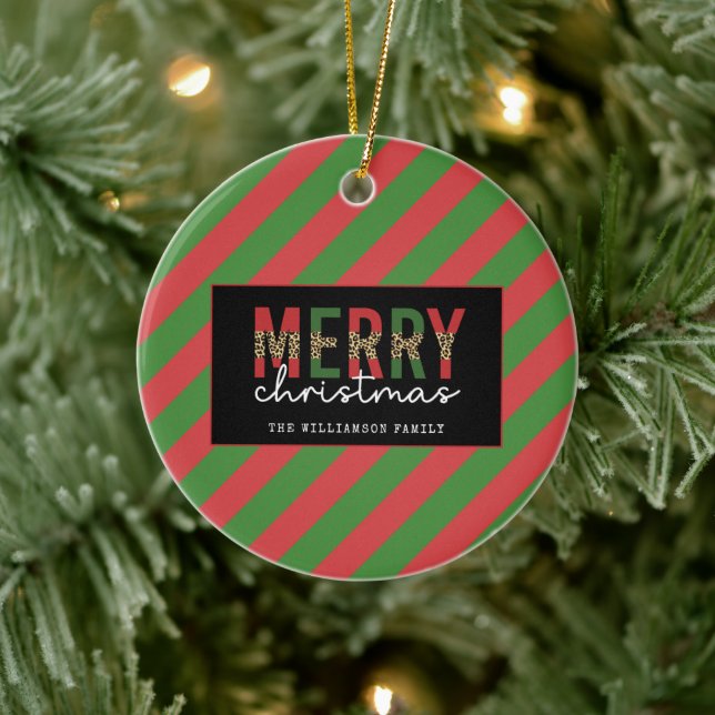 Modern Christmas Leopard Print Red Green Stripes Ceramic Ornament (Tree)