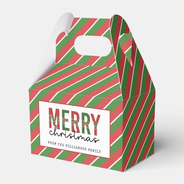 Modern Christmas Leopard Print Red Green Stripes Favor Boxes (Front Side)