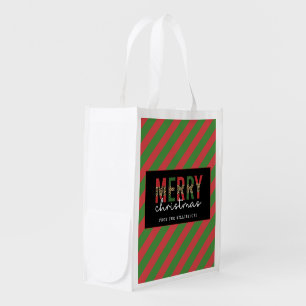 Modern Christmas Leopard Print Red Green Stripes Grocery Bag