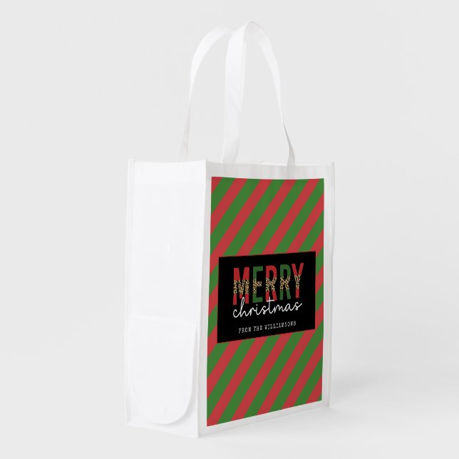 Modern Christmas Leopard Print Red Green Stripes Grocery Bag (Front Side)
