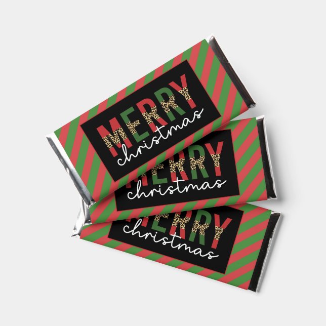Modern Christmas Leopard Print Red Green Stripes Hershey Bar Favors (Front)