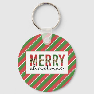 Modern Christmas Leopard Print Red Green Stripes Keychain