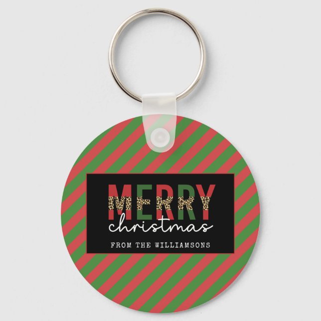 Modern Christmas Leopard Print Red Green Stripes Keychain (Front)