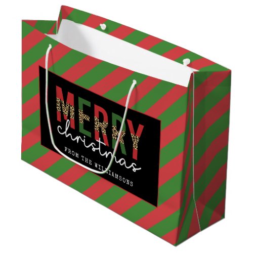 Modern Christmas Leopard Print Red Green Stripes Large Gift Bag