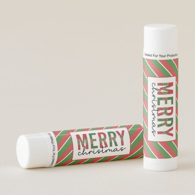 Modern Christmas Leopard Print Red Green Stripes Lip Balm (Front)