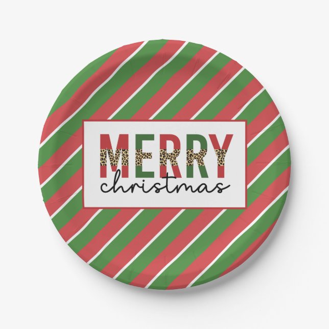 Modern Christmas Leopard Print Red Green Stripes Paper Plates (Front)