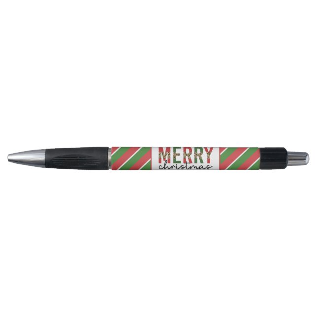 Modern Christmas Leopard Print Red Green Stripes Pen (Front)