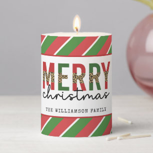 Modern Christmas Leopard Print Red Green Stripes Pillar Candle