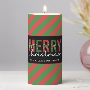 Modern Christmas Leopard Print Red Green Stripes Pillar Candle