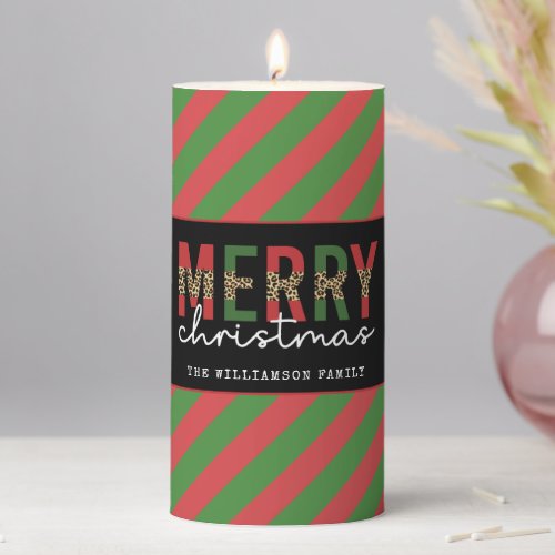 Modern Christmas Leopard Print Red Green Stripes Pillar Candle