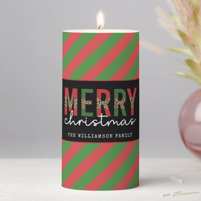 Modern Christmas Leopard Print Red Green Stripes Pillar Candle (In Situ)