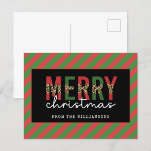 Modern Christmas Leopard Print Red Green Stripes Postcard