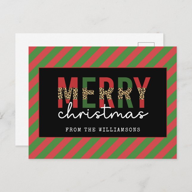 Modern Christmas Leopard Print Red Green Stripes Postcard (Front/Back)