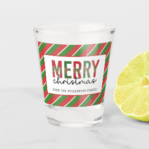 Modern Christmas Leopard Print Red Green Stripes Shot Glass