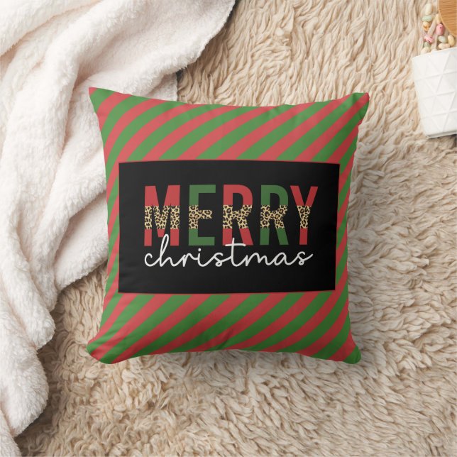 Modern Christmas Leopard Print Red Green Stripes Throw Pillow (Blanket)