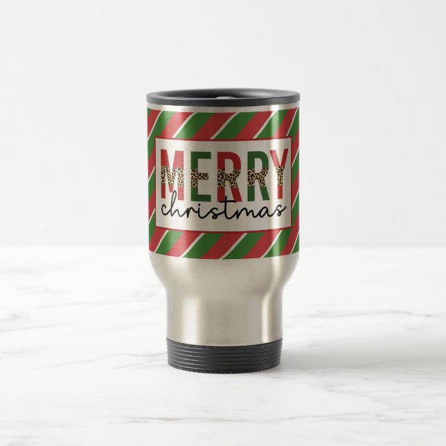 Modern Christmas Leopard Print Red Green Stripes Travel Mug (Center)
