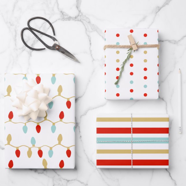 Modern Christmas Lights Polka Dots & Stripes Wrapping Paper Sheets (Front)