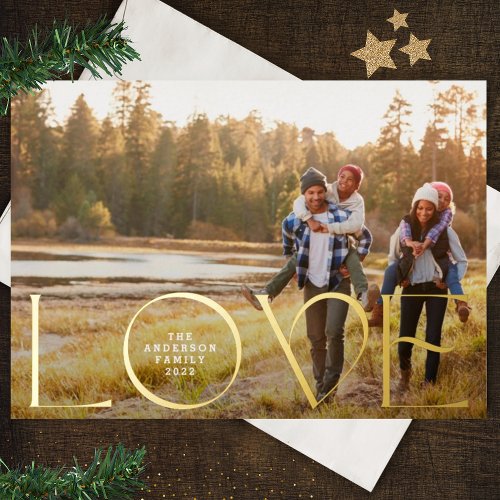 Modern Christmas LOVE custom Family Photo Foil Holiday Card