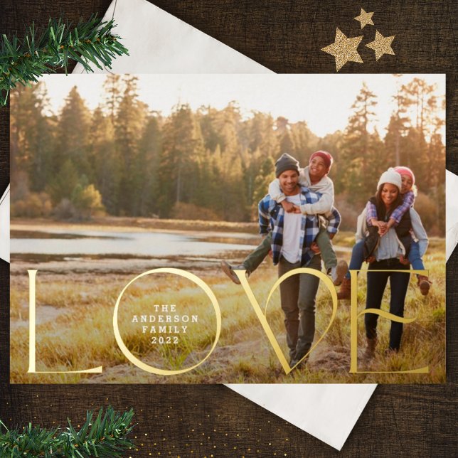 Modern Christmas LOVE custom Family Photo Foil Holiday Card (Creator Uploaded)