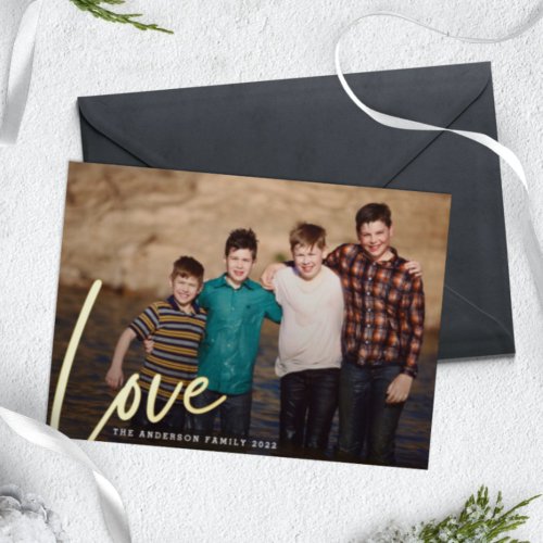 Modern Christmas LOVE Hand Lettering Family Photo Foil Holiday Card