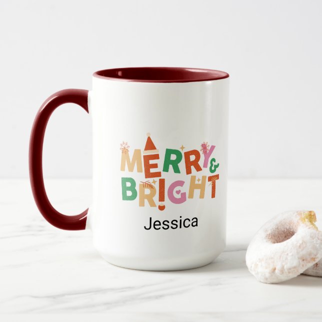 Modern Christmas Merry and Bright Colorful Name  Mug (With Donut)