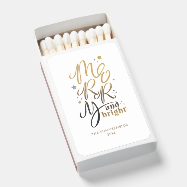 Modern Christmas Merry and Bright Gold Script Matchboxes (Front Open)