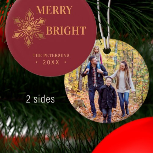 Modern Christmas Merry and Bright photo gold  Ceramic Ornament