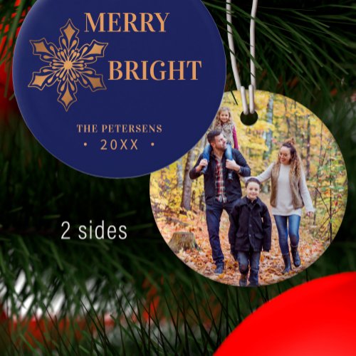 Modern Christmas Merry and Bright photo gold  Ceramic Ornament