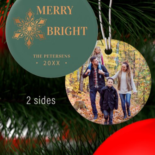 Modern Christmas Merry and Bright photo gold  Ceramic Ornament